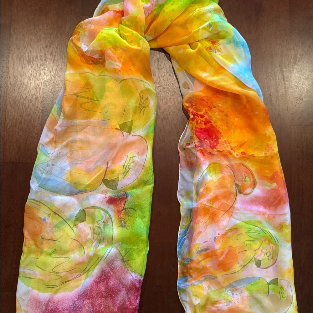 WOO Shanghai 100% Mulberry Silk Scarf Parrot Motif  Watercolor NWT 35”x84”
